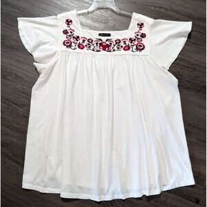 Lane Bryant Flutter Sleeve Floral Embroidered Blouse Sz 26 / 28 Square Neck Top